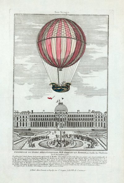 Zkušenosti s aerostatickým glóbem MM. Karla a Roberta v Jardin des Thuileries 1. prosince 1783, hospoda. 1783 (ručně kolorovaná rytina) od French School