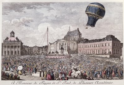 Experiment ve Versailles bratří Montgolfierů s letem kohouta, kachny a ovce v horkovzdušném balónu Montgolfiere 19. září 1783 od French School