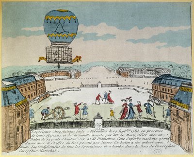 Experiment ve Versailles bratří Montgolfierů s letem kohouta, kachny a ovce v horkovzdušném balónu Montgolfiere 19. září 1783 od French School