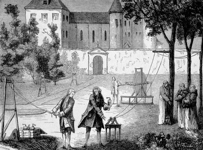 Experiment provedený v roce 1746 Lemonnierem v klášteře Chartreux, aby ocenil rychlost elektřiny - v „Album de la Science; věhlasní vědci; Velké objevy “”” 1896. od French School