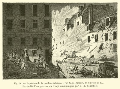 Exploze pekelného stroje, rue Saint-Nicaise, 3 Nivose, rok IX, faksimile rytiny doby sdělené M A Bonnardotem od French School