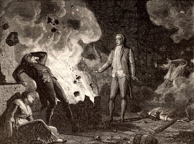 Výbuch továrny na výbušniny v Essonne, Francie, c. 1788 (rytina) od French School