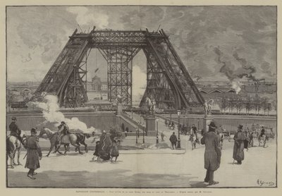 Všeobecná výstava, současný stav Eiffelovy věže, pohled z parku Trocadero (rytina) od French School