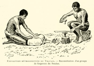 Retrospektivní výstava práce, rekonstrukce skupiny kovářů ze Súdánu (rytina) od French School