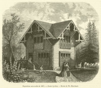 Univerzální výstava z roku 1867, tyrolská chata (rytina) od French School