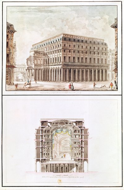 Exteriér a průřez interiérem Theatre des Varietes, 6 rue de Richelieu od French School