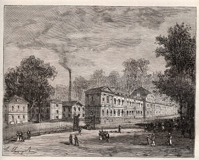 Vnější pohled na Imperiale Porcelain Factory of Sevres, postavenou v parku Saint Cloud podle plánů architekta Laudina - rytina „France illustree: geografie, historie, statistická správa“ od V.-A. Sladově hnědá. 1884 od French School