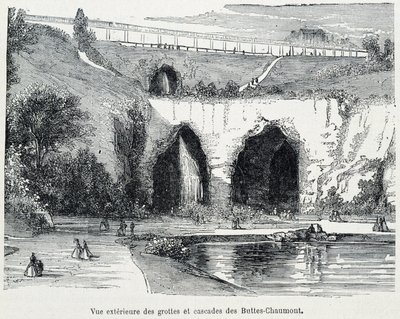 Vnější pohled na kaskády a jeskyně Buttes Chaumont, rytina 19. století od French School