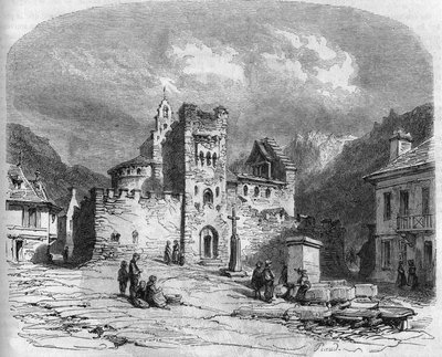 Vnější pohled na kostel Saint Andre (kostel templářů), opevněný ve 14. století. Luz saint spasor (Luz-Saint-Sauveur), Hautes Pyrenees (65) od French School