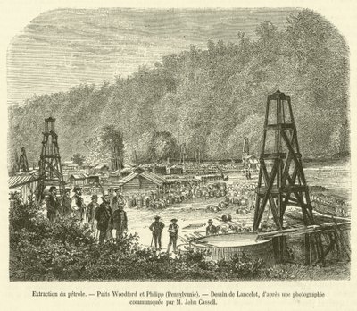 Extrakce ropy, Woodford a Philipp Wells, Pennsylvania (rytina) od French School