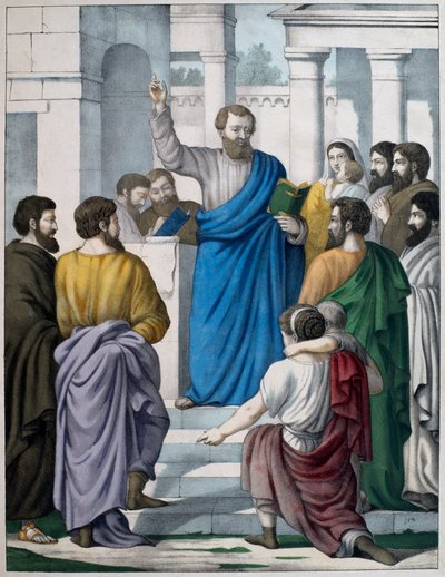 Ezra čte knihu Mojžíšova zákona, ilustrace z katechismu LHistoire Sainte, vydal Charles Delagrave, Paříž, konec 19. století od French School
