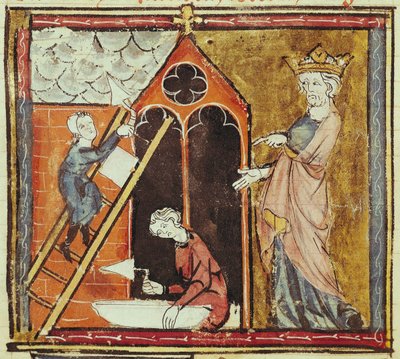 F.235v Král Ludvík VI. (1080-1137) Sledování stavby kostela, z Grandes Chroniques de France 1375-79 od French School
