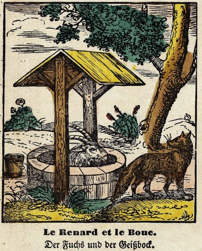 Bajky de La Fontaine: liška a dobro. Obrázek Epinal, první polovina 19. století od French School
