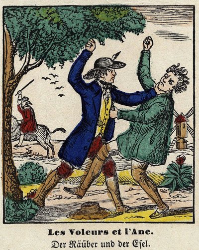 Fables de La Fontaine: Zloději a osel. Obrázek Epinal, první polovina 19. století. od French School