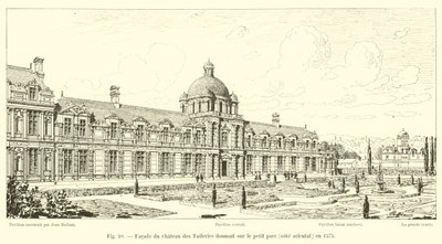 Fasáda zámku des Tuileries s výhledem na malý park, východní strana, v roce 1575 od French School