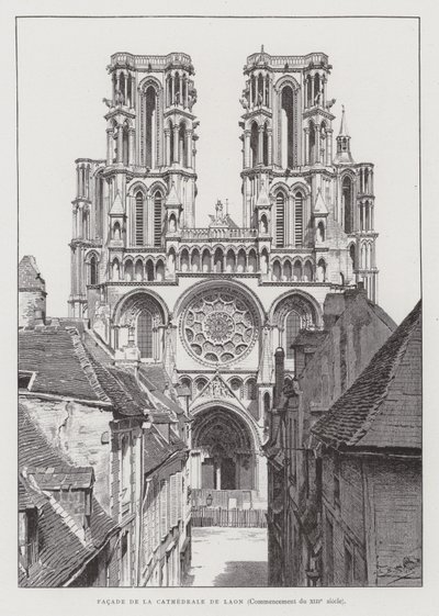 Fasáda laonské katedrály, začátek 13. století (litho) od French School