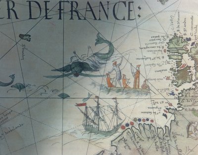 Faksimile velrybářství a Isle of Saint Brandon, detail z portolánové mapy od Pierra Descelierse, 1546, publikované v Monuments de la Geographie od Edme Francoise Jomarda (1777-1862) od French School