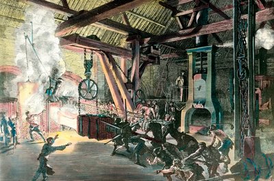Továrna: „“ Le hamteau bubeník (bubeník s kladivem) des forges du Creusot v roce 1865““ Rytina kolem roku 1865. Soukromá sbírka od French School