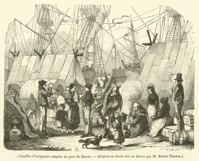 Emigrantské rodiny tábořící v přístavu Le Havre (rytina) od French School