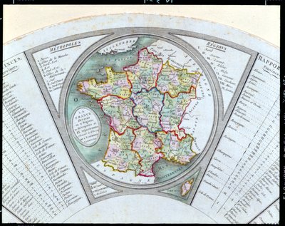 Vějíř zobrazující mapu Francie rozdělené na 9 regionů, 10 metropolí a 83 departementů, 1790 od French School