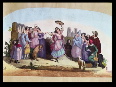 Vějířový design zobrazující scénu z La Esmeralda, opery Louise-Angelique Bertin (1805-77) podle románu Victora Huga (1802-85) kolem roku 1836 od French School