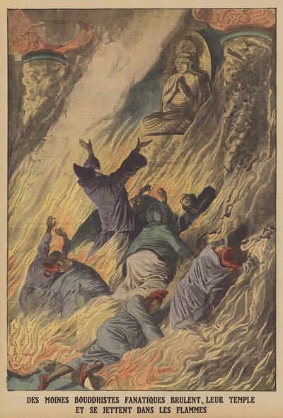 Fanatičtí buddhističtí mniši pálí svůj chrám a vrhají se do plamenů na ostrově Formosa (barva litho) od French School