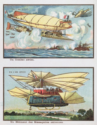 Fantasy zobrazení letecké bitvy a letadla pro přepravu nákladu v roce 2000, kolem roku 1910 od French School