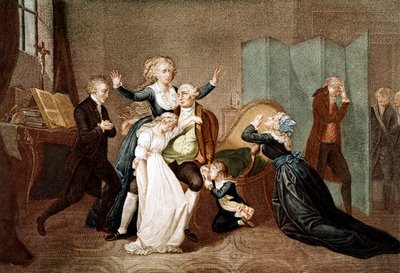 Loučení s Ludvíkem XVI. jeho rodinou v chrámu, 20. ledna 1793 - Poslední rozhovor Ludvíka XVI. s jeho rodinou (Marie Antoinette a jejich děti Marie Terezie nebo Madame Royale (1778-1851) a Ludvík XVII. (1785-1795), předvečer jeho popravy v T od French School