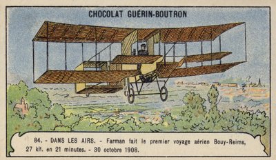 Farman uskutečnil první let terénním letadlem v Evropě z Bouy do Remeše ve Francii, 30. října 1908 (chromolitho) od French School