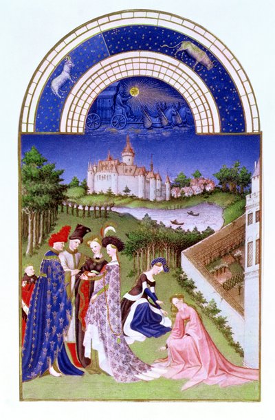Dubnový faksimile: dvorní postavy v zámeckém areálu od bratří Limbourgů, z Tres Riches Heures du Duc de Berry (originál viz 8436) od French School