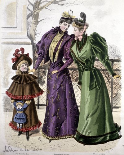 Móda: 2 ženy a dívka drží panenku. 1892 od French School