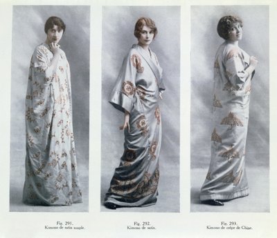 Módní desky s návrhy kimon, ilustrace z časopisu Le Jardin des Modes Nouvelles, 15. dubna 1913. od French School