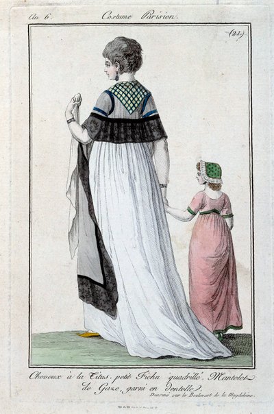 Móda pod vedením správní rady: elegantní mladá Pařížanka nosí Titus, gázový plášť s krajkou. 1797. Paříž, muzeum kostýmů od French School