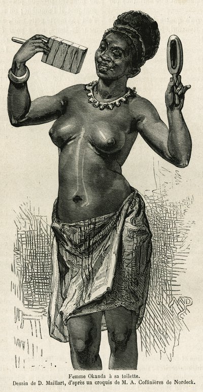Femme Okanda má svou toaletu, kresbu D. Maillarda, aby ilustrovala příběh o výletu do Gabonu a řeky Ogoue v letech 1875-1877 od Alfreda Marche. Rytina v Le tour du monde od French School