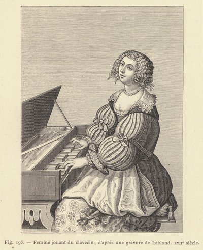 Žena hrající na cembalo, podle rytiny od Leblonda, 17. století (rytina) od French School