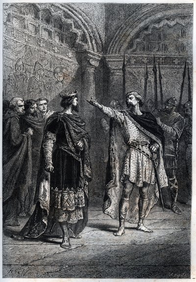 Feodní režim: „Kdo tě udělal králem? “” : Audebert (Adalbert), hrabě z Perigordu (968-995), drze odpovídá králi Hugues Capetovi (938-996), který se ho zeptal, kdo ho přiměl počítat - Gravírování pneumatiky „Histoire de France“ od Guizota od French School