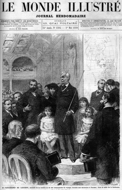 Ferdinand de Lesseps je obklopen svou rodinou a společníky a vypráví o své cestě do Panamy v Salle de la Sorbonne. Obálka „Ilustrativního světa“ z roku 1880. od French School