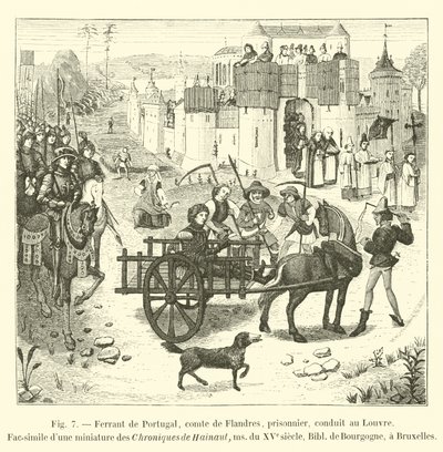 Ferrant z Portugalska, hrabě z Flander, vězeň, odvezen do Louvru, Faksimile miniatury z Chroniques de Hainaut, ms z 15. století, Bibl de Bourgogne, v Bruselu od French School