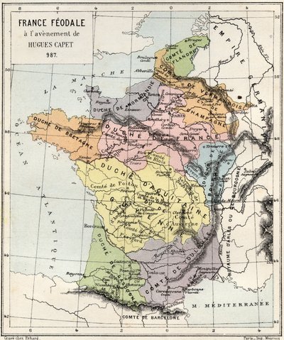 Feudalismus – Francie Feudalismus při příchodu Hugues Capet – 987 – rytina z „“ Historie Francie vyprávěná mým vnoučatům“ – od Francoise Guizota – 1872-1876 od French School