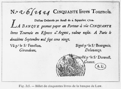 Padesátlibrová francouzská bankovka z Law Bank z 2. září 1720 od French School
