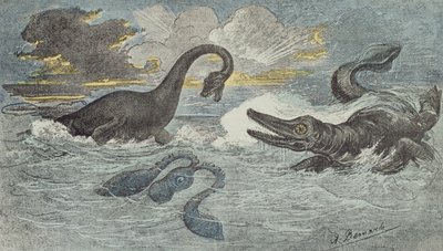 Boj mezi Plesiosaurem a Ichthiosaurem v období Liassic nebo Jurassic (před 208 až 146 miliony let), 1880 (barevná rytina) od French School