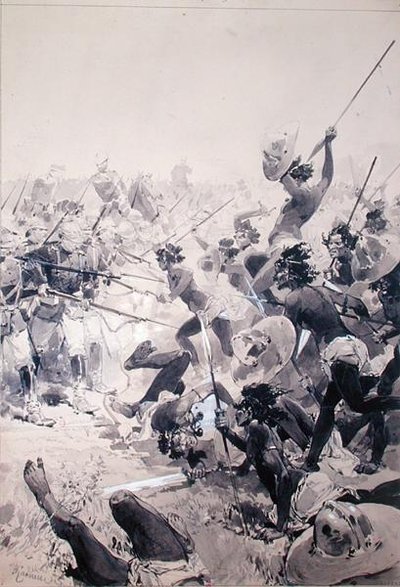 Boj mezi Zuly a anglickými vojáky, kolem roku 1878 (akvarel na papíře) od French School
