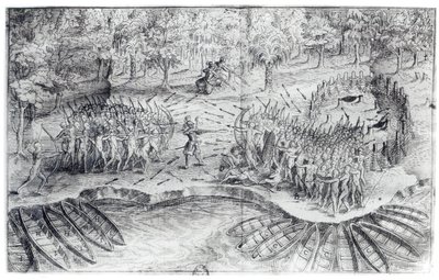 Boj o Hurons, z „Voyage de Champlain v roce 1624“ od Samuela de Champlain (1567-1635) od French School