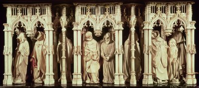 Figury mnichů z hrobky Filipa Smělého, burgundského vévody (1342-1404), jejichž autory jsou Jean de Marville (zemř. 1389), Claus Sluter (zemř. 14056) a Claus de Werve (asi 1380-1439), objednané pro klášter o. od French School