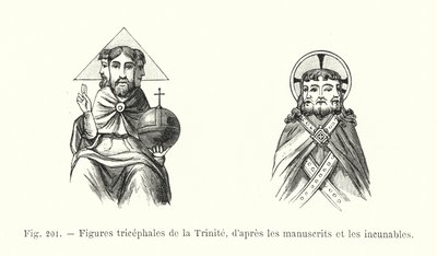 Tříhlavé postavy Trojice, z rukopisů a prvotisků (rytina) od French School