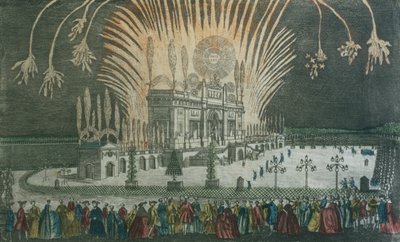 Ohňostroj v Green Parku na oslavu podpisu Pařížské smlouvy v roce 1763 od French School