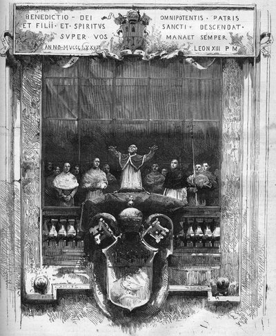 První požehnání papeže Lva XIII (Leone) (1810-1903) z vrcholu vnitřního pódia sv. Petra dne 20. února od French School
