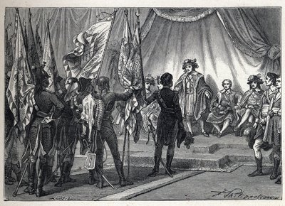 První koalice: Joachim Murat (1767-1815) předkládá výkonné radě vlajky dobyté francouzskou armádou, které velel Napoleon Bonaparte, během italského tažení. Rytina z roku 1889. Soukromá sbírka. od French School