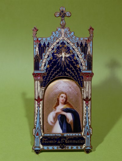 Suvenýr k prvnímu přijímání s vyobrazením Panny Marie a Ducha svatého (malovaný porcelán a smalt) od French School