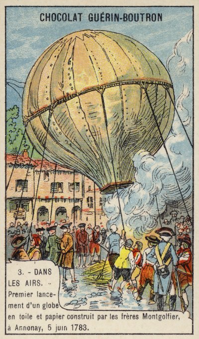 První start horkovzdušného balónu bratry Montgolfierovými, Annonay, Francie, 5. června 1783 (chromolitho) od French School